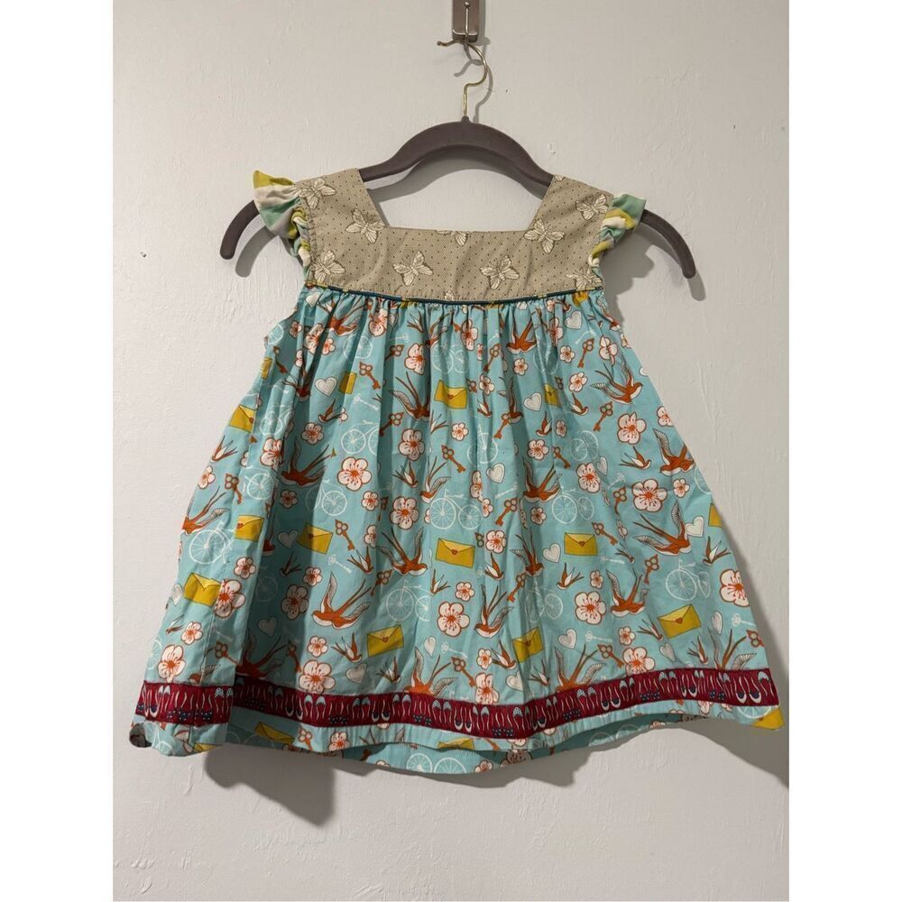 Matilda Jane Gabby blue orange birds letter key bicycle print sleeveless dress 8